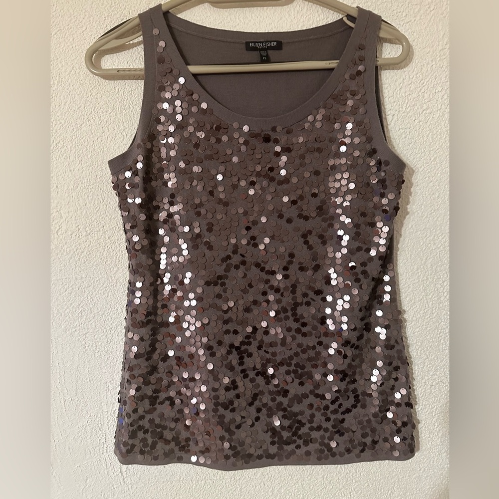 Eileen Fisher Top Women Brown Merino Wool Knit Sequined Sleeveless Petite Small